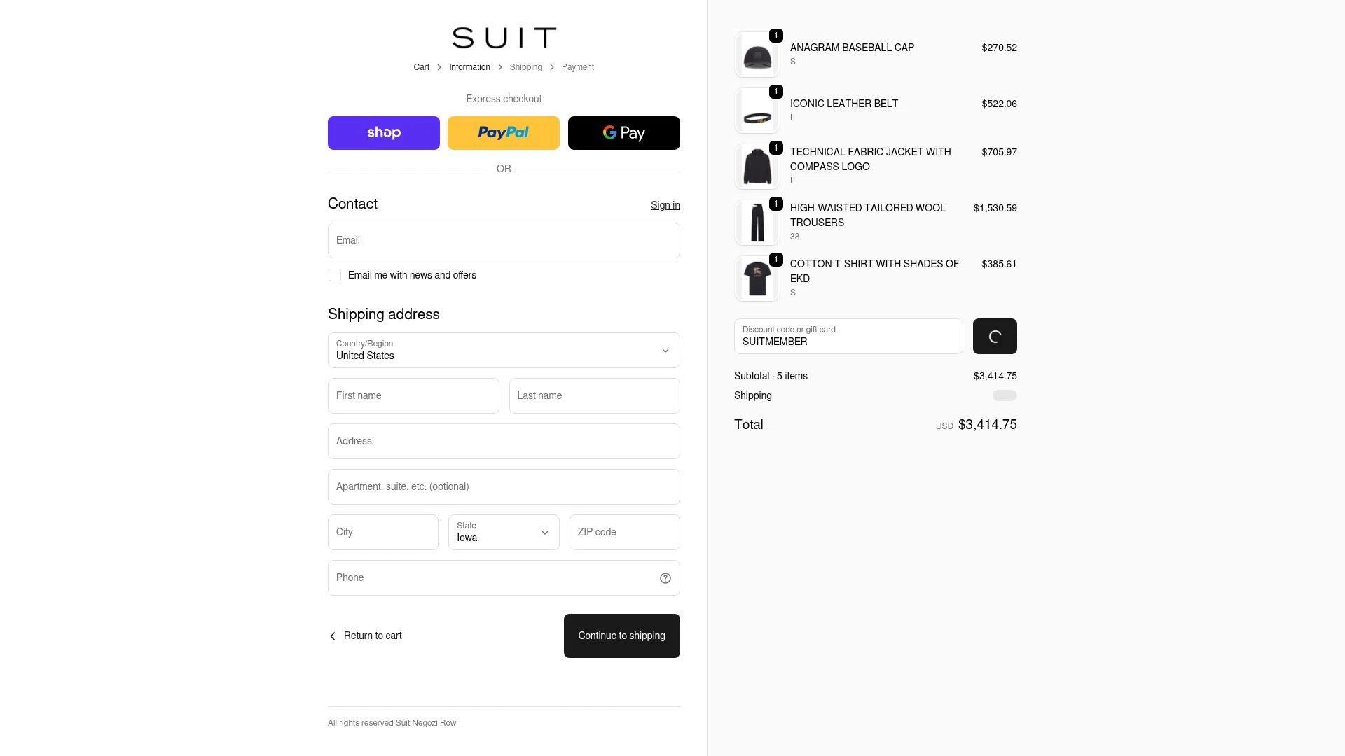 Suit Negozi checkout page showing Suit Negozi promo code box | Screenshot taken by SimplyCodes community member on Dec 28, 2025