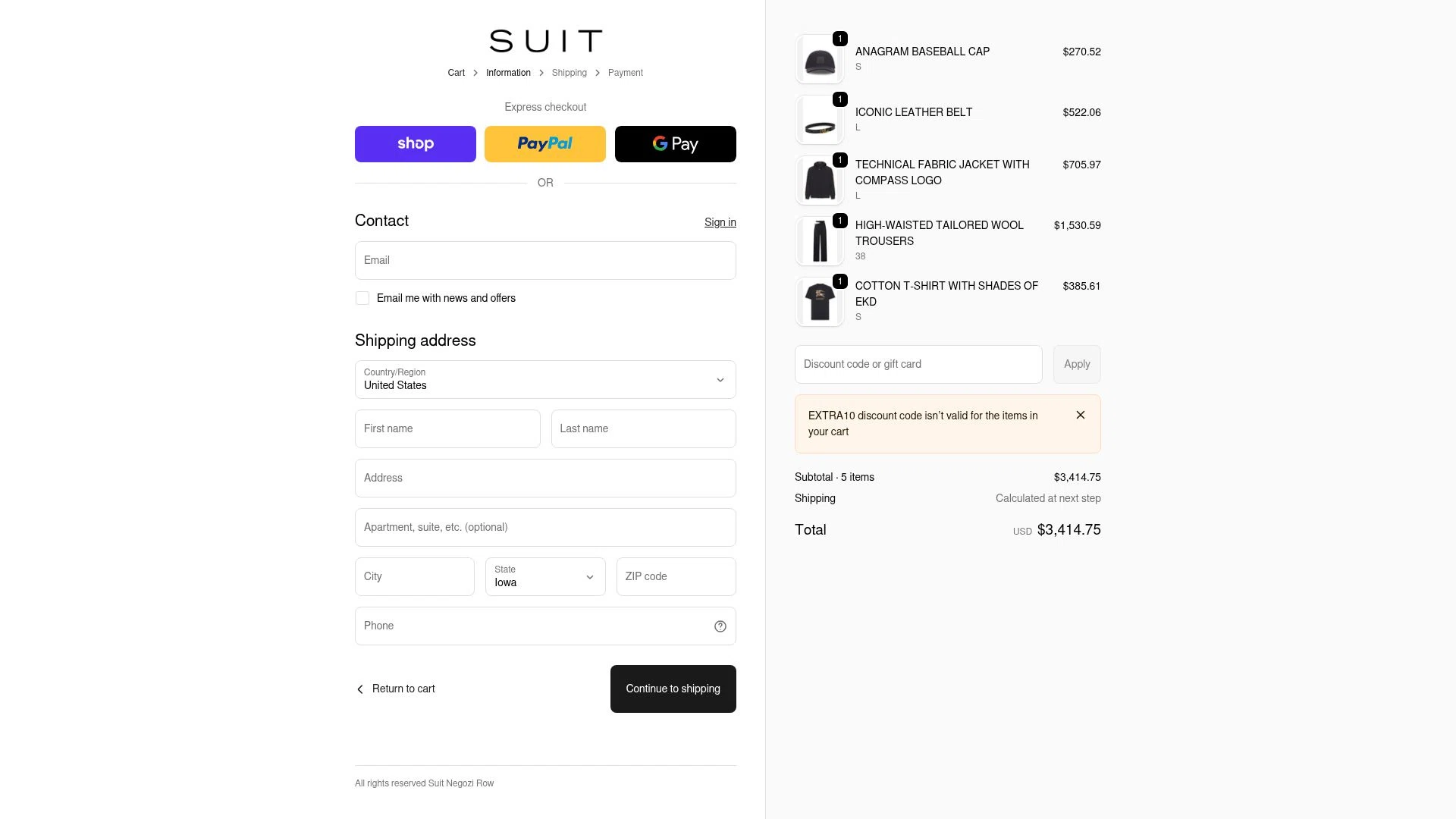 Suit Negozi checkout page showing Suit Negozi promo code box | Screenshot taken by SimplyCodes community member on Dec 28, 2025