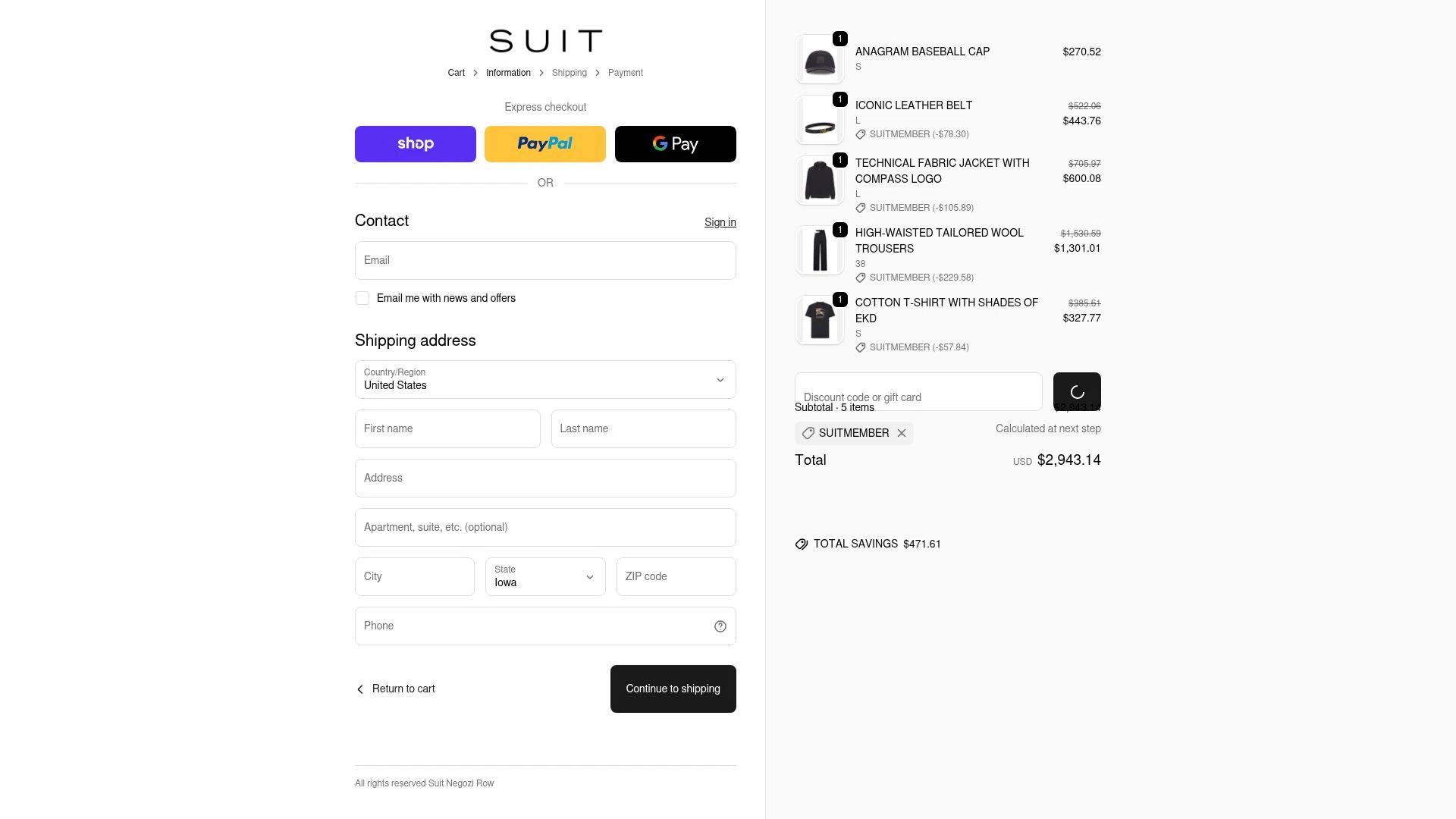 Suit Negozi checkout page showing Suit Negozi promo code box | Screenshot taken by SimplyCodes community member on Jan 2, 2026