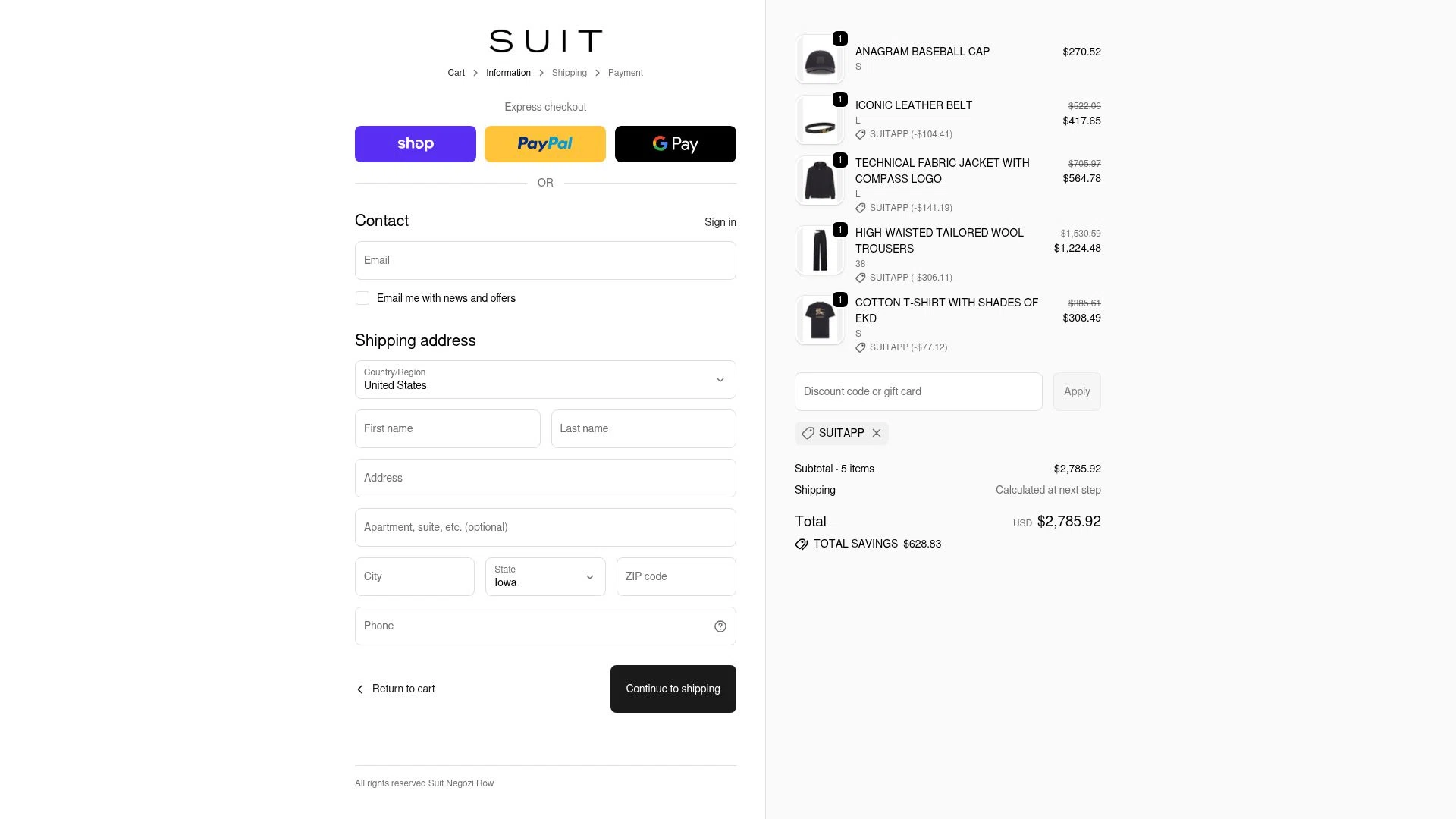 Suit Negozi checkout page showing Suit Negozi promo code box | Screenshot taken by SimplyCodes community member on Jan 2, 2026