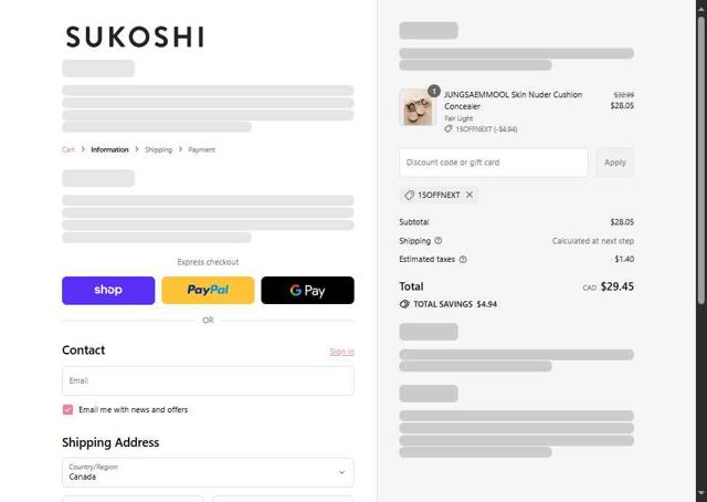 Sukoshi Mart checkout page showing Sukoshi Mart discount code box | Screenshot taken by SimplyCodes community member on Sep 13, 2025