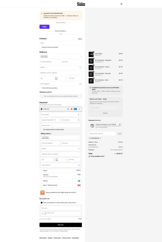 Sullen Clothing checkout page showing Sullen Clothing discount code box | Screenshot taken by SimplyCodes community member on Sep 10, 2025