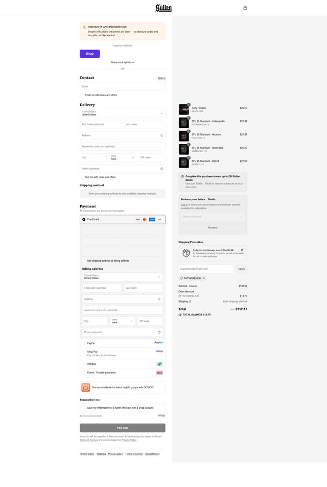 Sullen Clothing checkout page showing Sullen Clothing discount code box | Screenshot taken by SimplyCodes community member on Sep 10, 2025