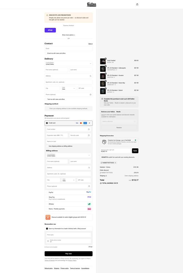 Sullen Clothing checkout page showing Sullen Clothing discount code box | Screenshot taken by SimplyCodes community member on Sep 10, 2025