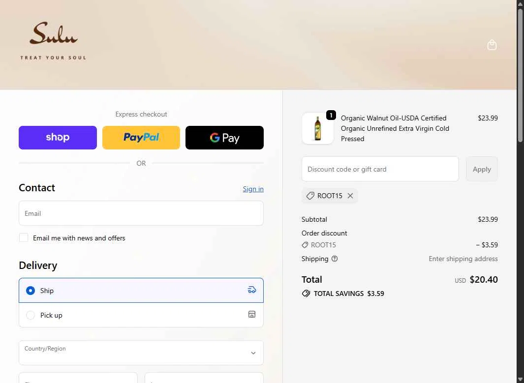 Sulu Organics checkout page showing Sulu Organics discount code box | Screenshot taken by SimplyCodes community member on Jan 30, 2026