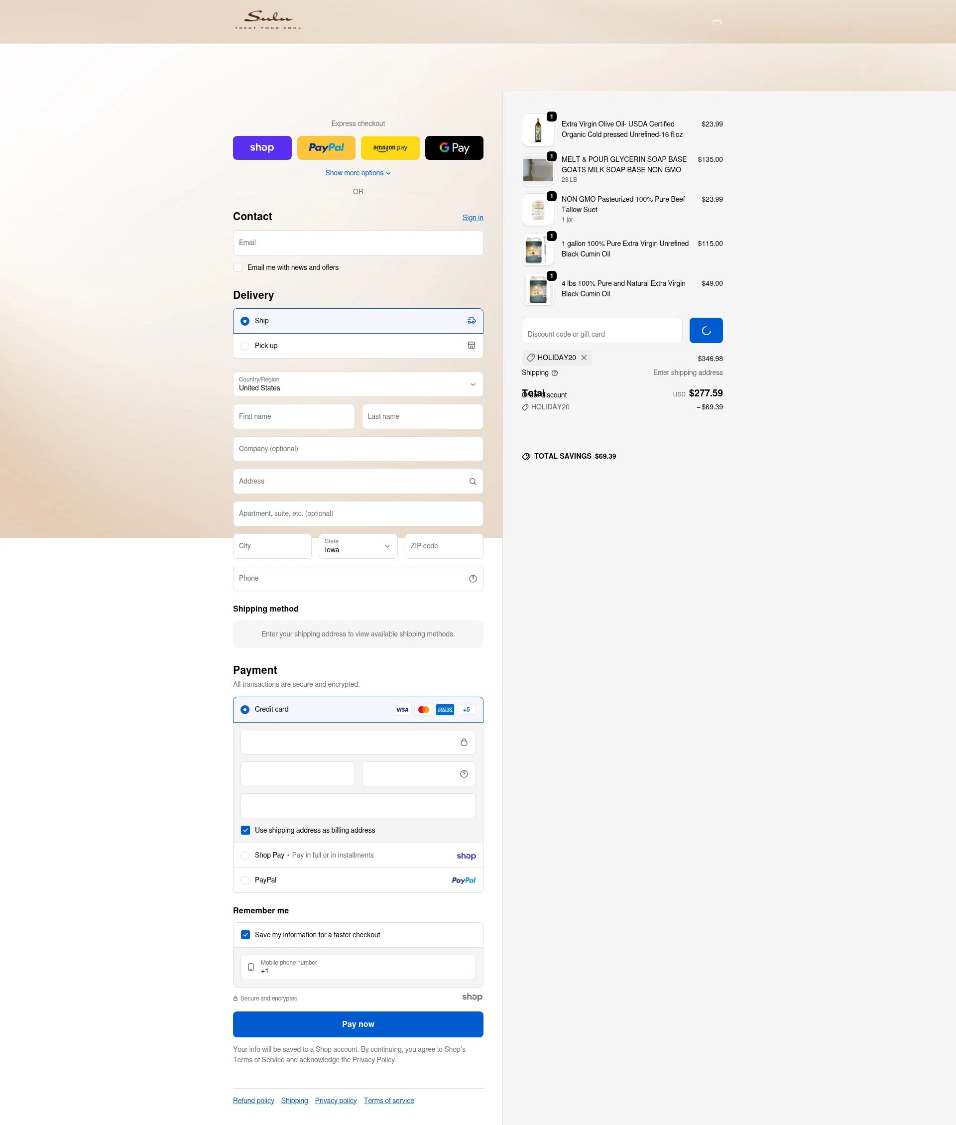 Sulu Organics checkout page showing Sulu Organics discount code box | Screenshot taken by SimplyCodes community member on Jan 21, 2026