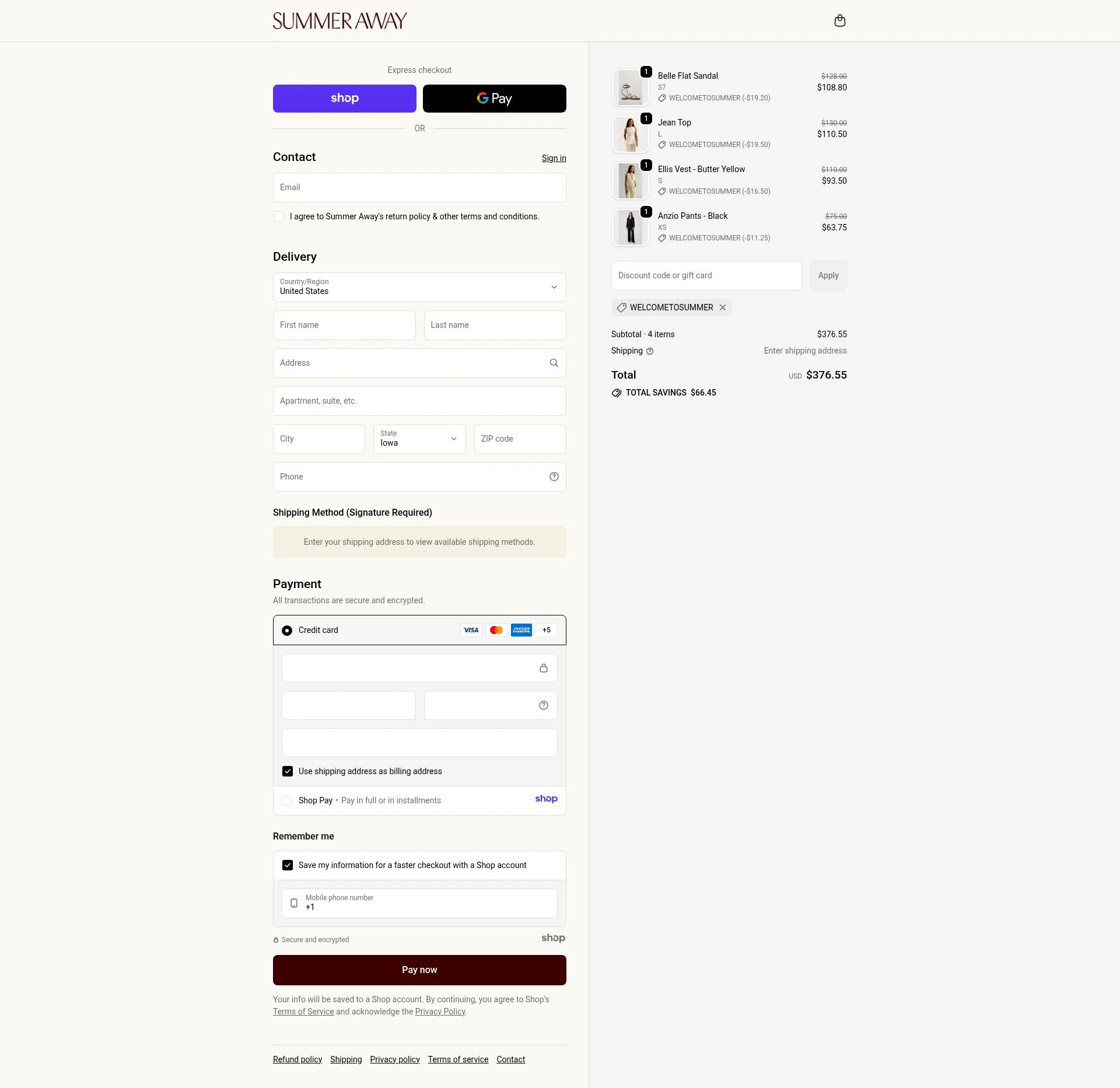 Summer Away checkout page showing Summer Away promo code box | Screenshot taken by SimplyCodes community member on Nov 20, 2025