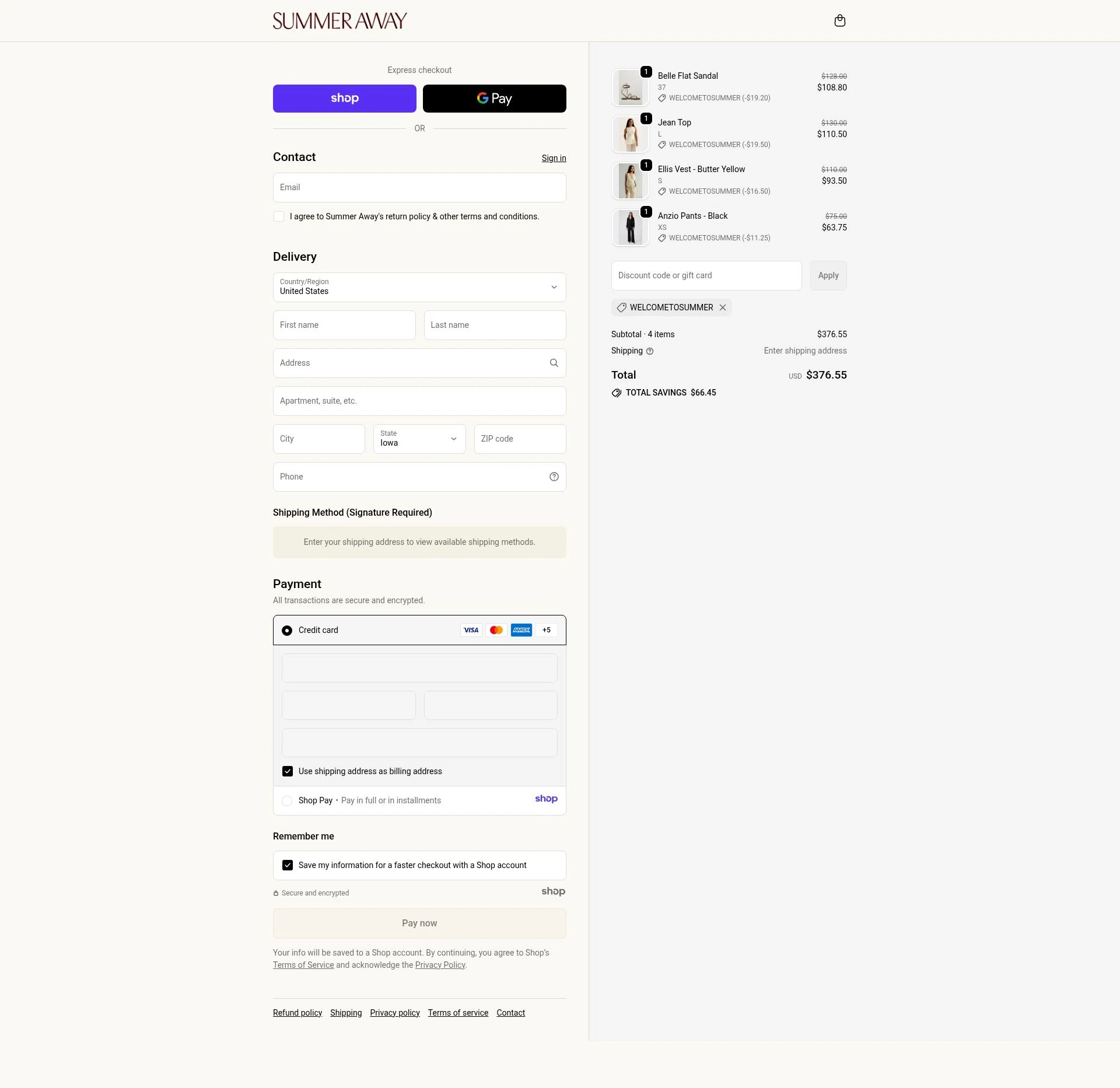 Summer Away checkout page showing Summer Away promo code box | Screenshot taken by SimplyCodes community member on Nov 2, 2025
