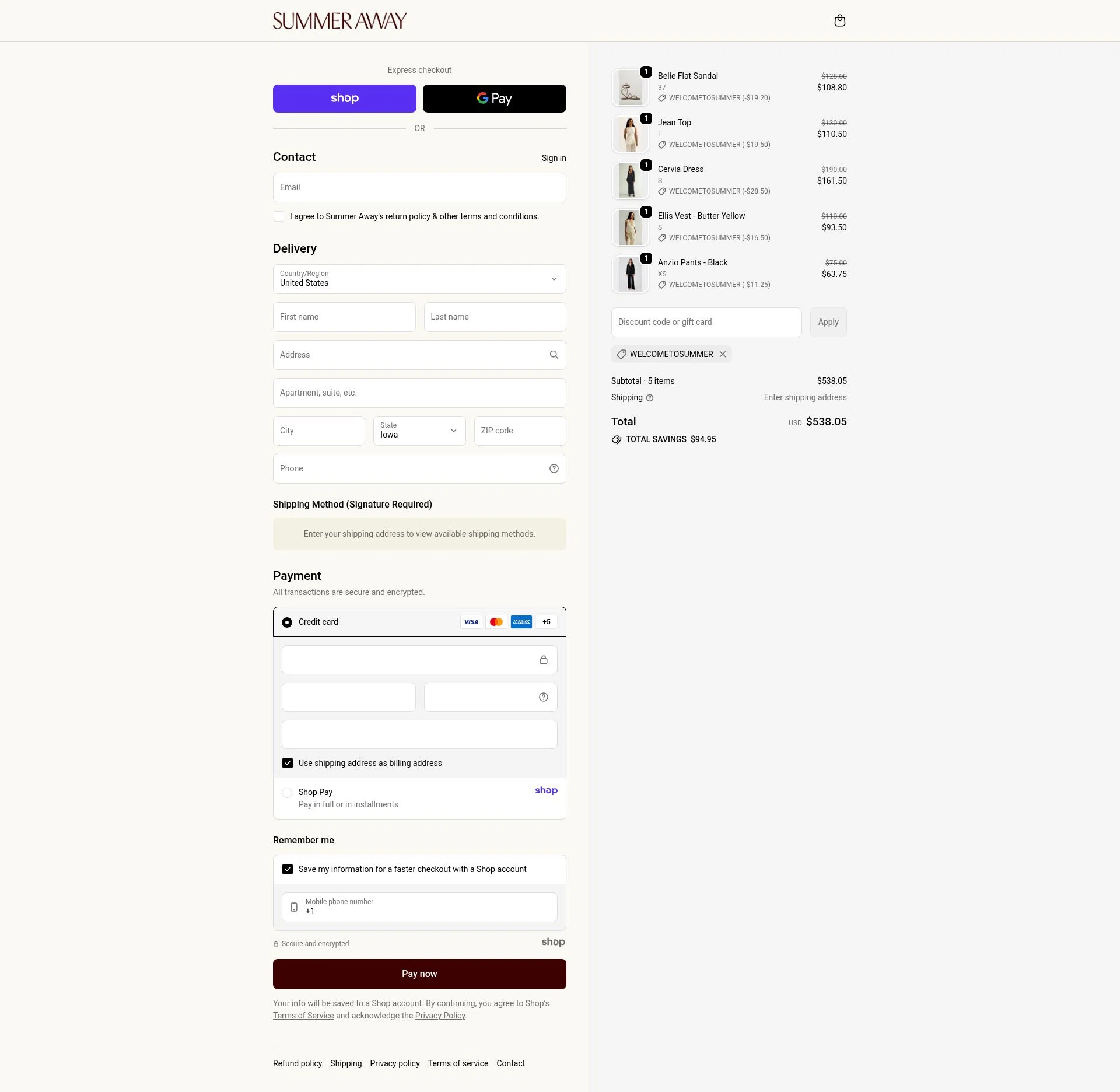 Summer Away checkout page showing Summer Away promo code box | Screenshot taken by SimplyCodes community member on Oct 27, 2025