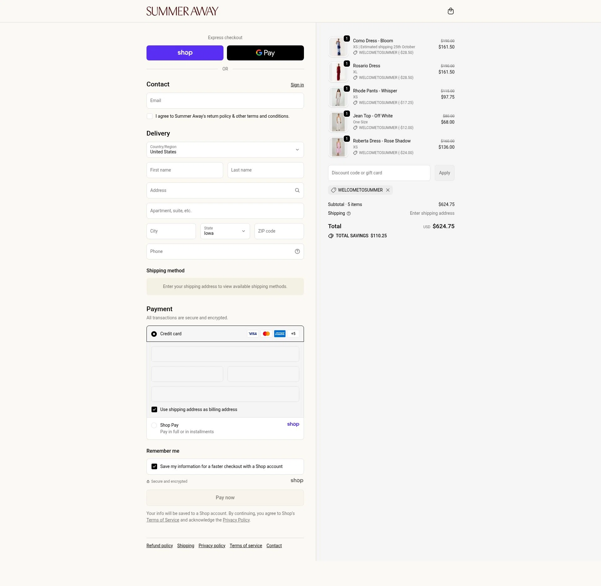 Summer Away checkout page showing Summer Away promo code box | Screenshot taken by SimplyCodes community member on Oct 11, 2025