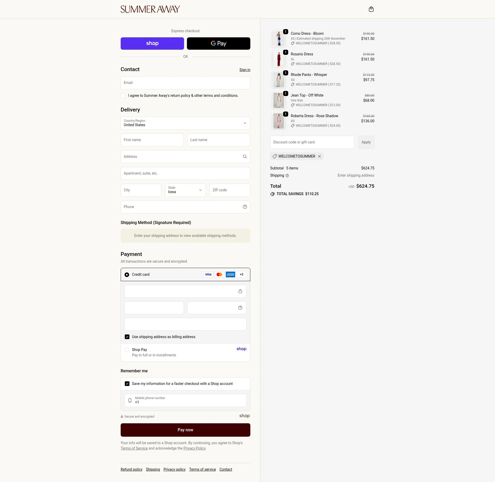 Summer Away checkout page showing Summer Away promo code box | Screenshot taken by SimplyCodes community member on Oct 23, 2025
