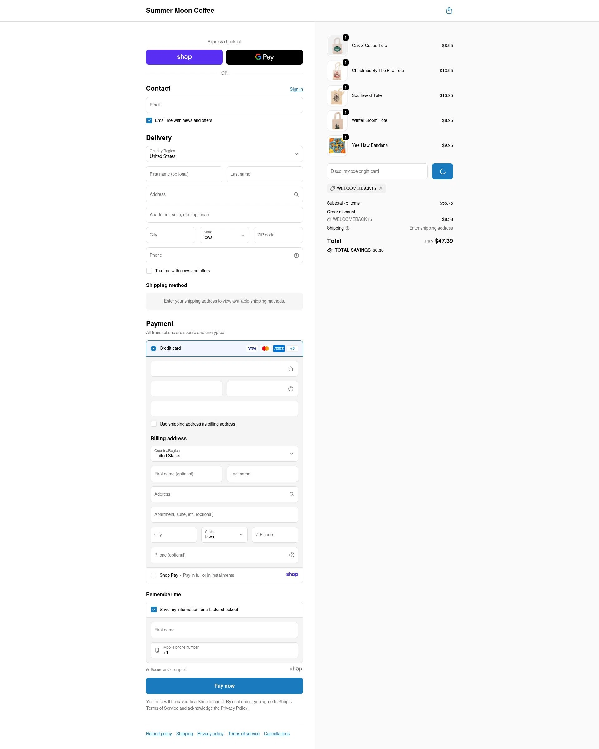 Summer Moon Coffee checkout page showing Summer Moon Coffee discount code box | Screenshot taken by SimplyCodes community member on Dec 28, 2025