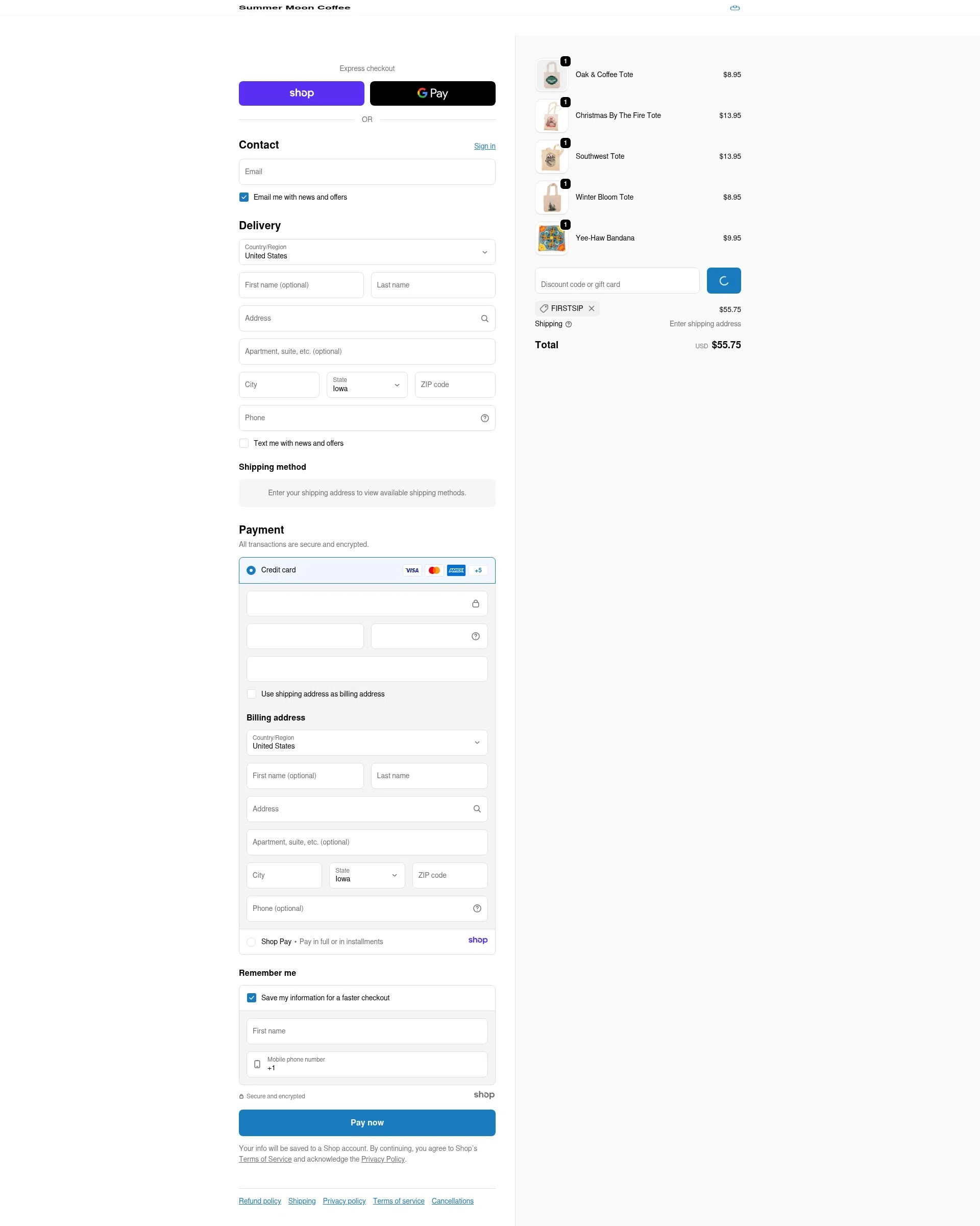 Summer Moon Coffee checkout page showing Summer Moon Coffee discount code box | Screenshot taken by SimplyCodes community member on Dec 28, 2025