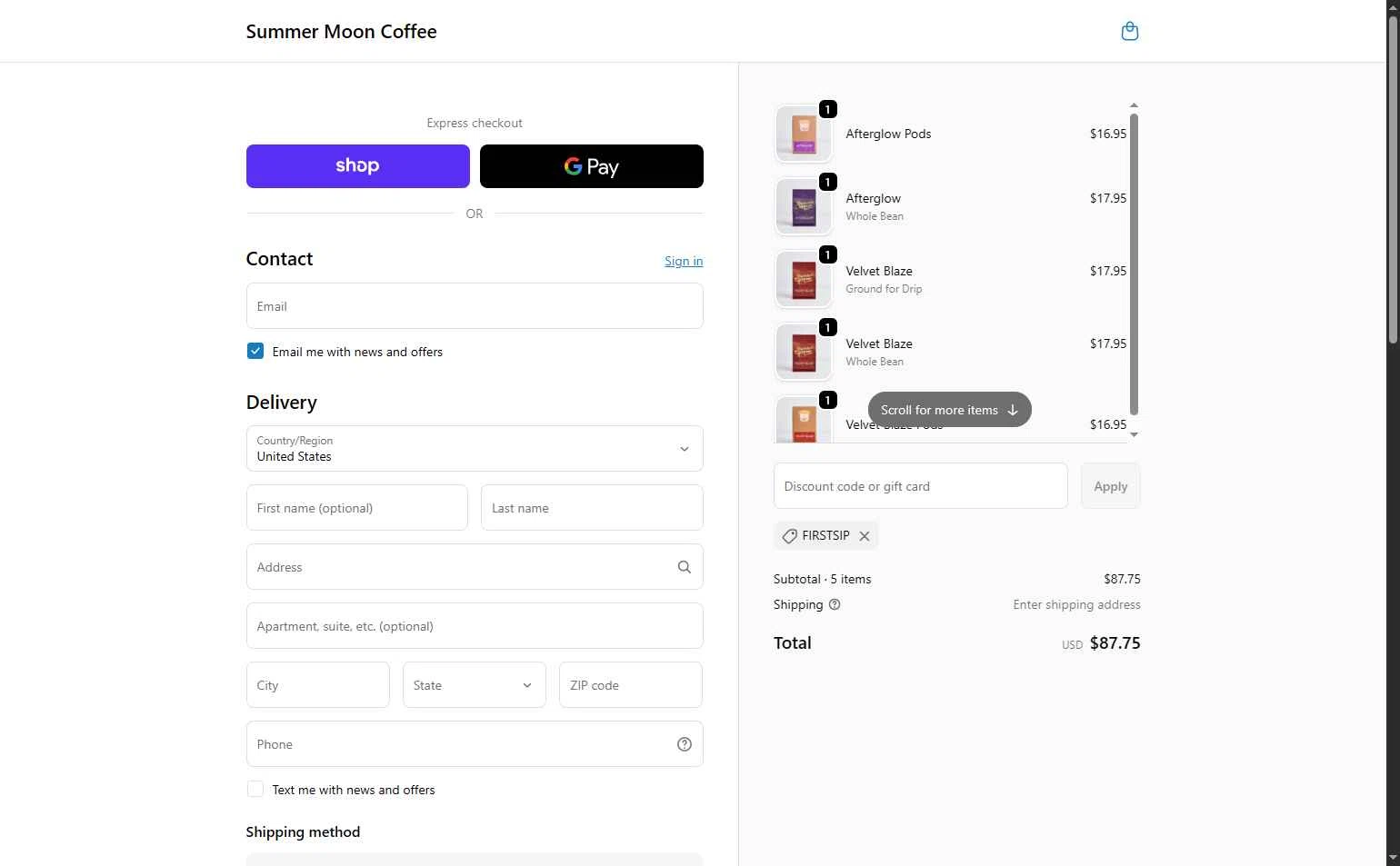 Summer Moon Coffee checkout page showing Summer Moon Coffee discount code box | Screenshot taken by SimplyCodes community member on Jan 27, 2026