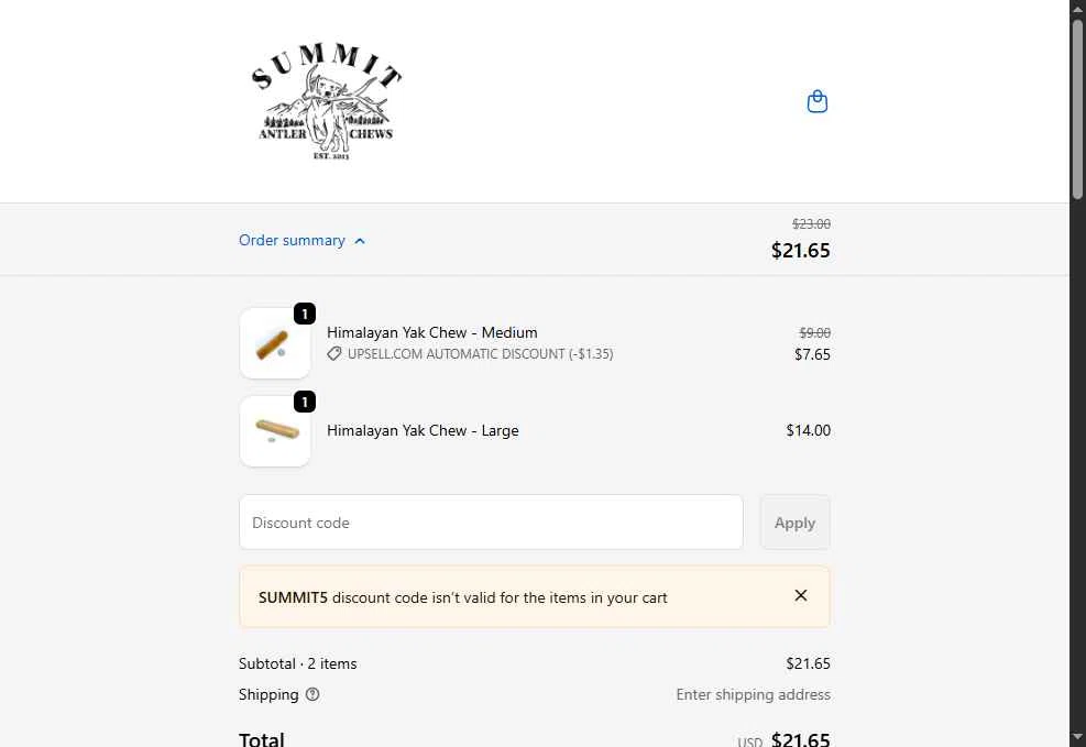 Summit Dog Chews checkout page showing Summit Dog Chews promo code box | Screenshot taken by SimplyCodes community member on Jan 11, 2026