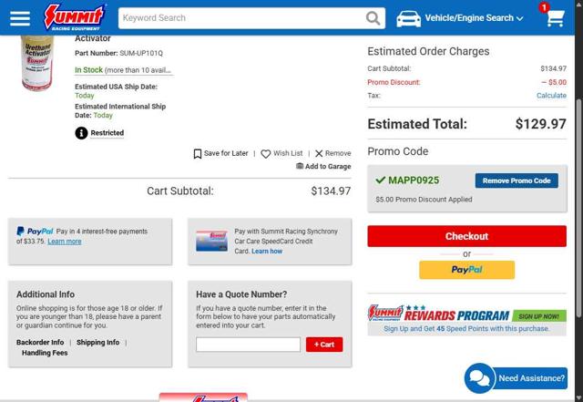 Summit Racing Equipment checkout page showing Summit Racing Equipment promo code box | Screenshot taken by SimplyCodes community member on Sep 8, 2025