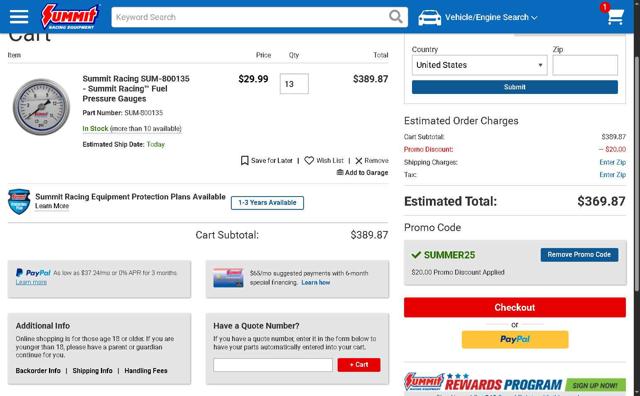 Summit Racing Equipment checkout page showing Summit Racing Equipment promo code box | Screenshot taken by SimplyCodes community member on Jul 7, 2025