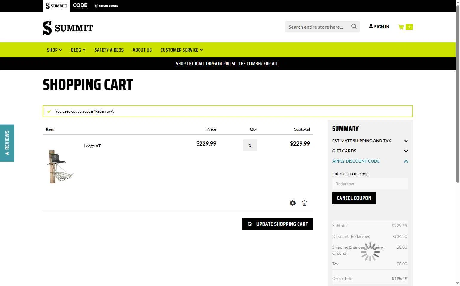 Summit Treestands checkout page showing Summit Treestands promo code box | Screenshot taken by SimplyCodes community member on Aug 5, 2025