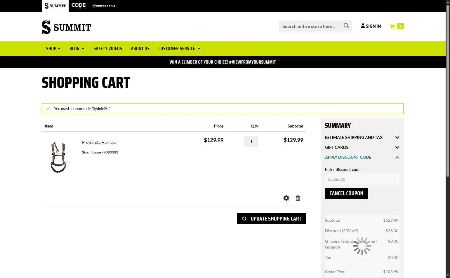 Summit Treestands checkout page showing Summit Treestands promo code box | Screenshot taken by SimplyCodes community member on Sep 20, 2025