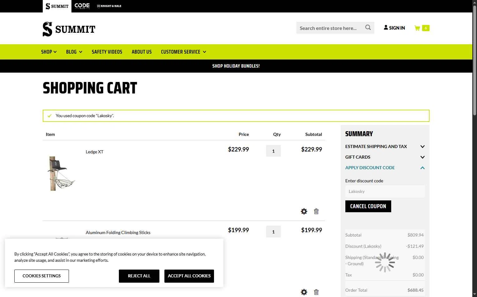 Summit Treestands checkout page showing Summit Treestands promo code box | Screenshot taken by SimplyCodes community member on Dec 3, 2025