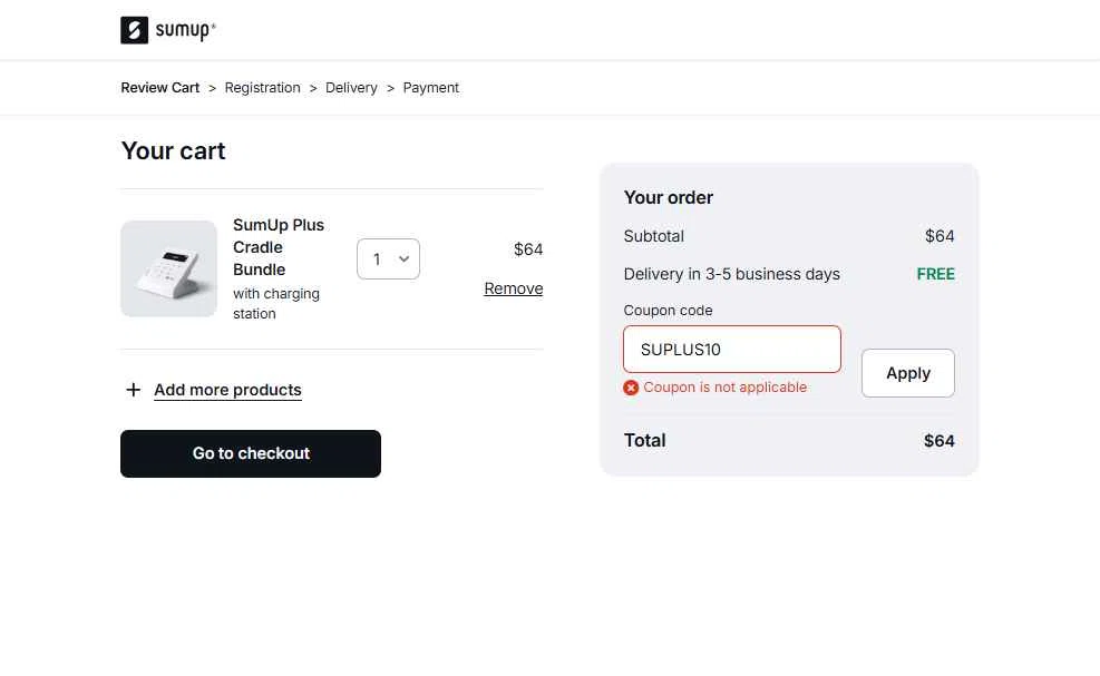 SumUp checkout page showing SumUp discount code box | Screenshot taken by SimplyCodes community member on Jun 14, 2025