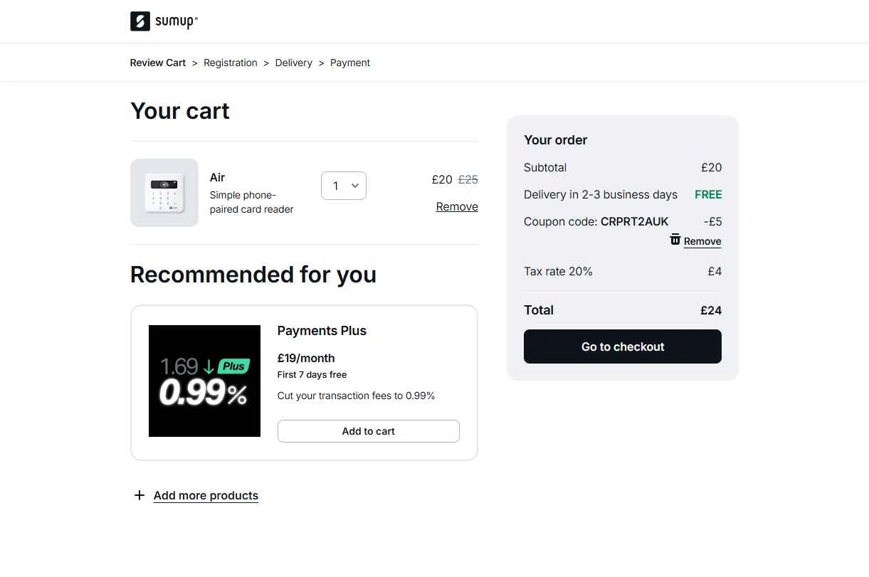 SumUp checkout page showing SumUp discount code box | Screenshot taken by SimplyCodes community member on Jan 5, 2026