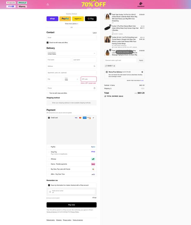 Sunber Hair checkout page showing Sunber Hair discount code box | Screenshot taken by SimplyCodes community member on Sep 5, 2025