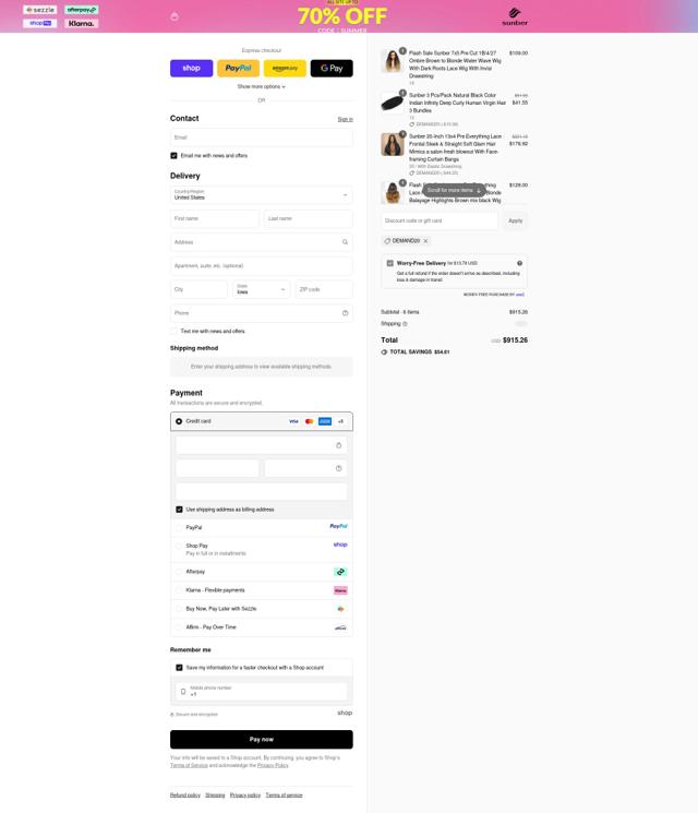 Sunber Hair checkout page showing Sunber Hair discount code box | Screenshot taken by SimplyCodes community member on Sep 9, 2025