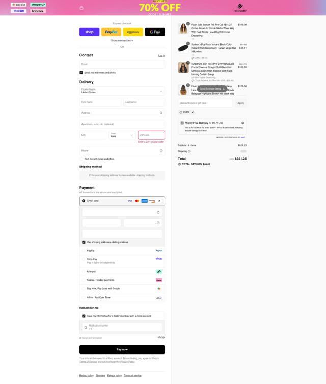 Sunber Hair checkout page showing Sunber Hair discount code box | Screenshot taken by SimplyCodes community member on Sep 5, 2025