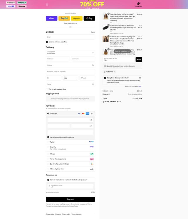 Sunber Hair checkout page showing Sunber Hair discount code box | Screenshot taken by SimplyCodes community member on Sep 9, 2025