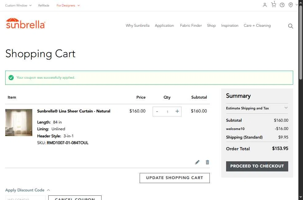 Sunbrella checkout page showing Sunbrella discount code box | Screenshot taken by SimplyCodes community member on Sep 19, 2025
