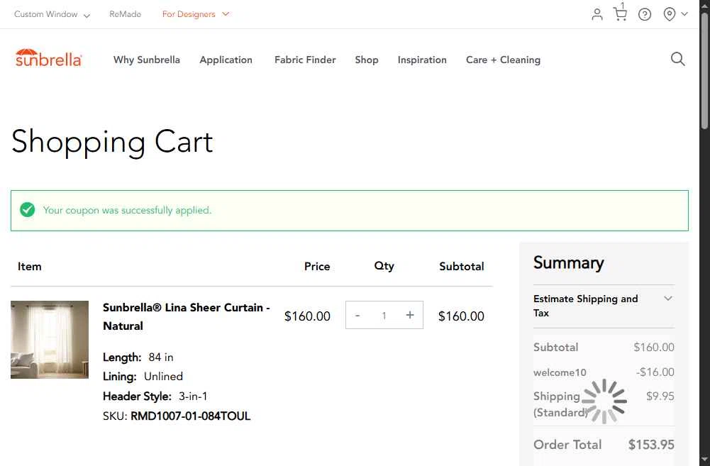 Sunbrella checkout page showing Sunbrella discount code box | Screenshot taken by SimplyCodes community member on Oct 18, 2025