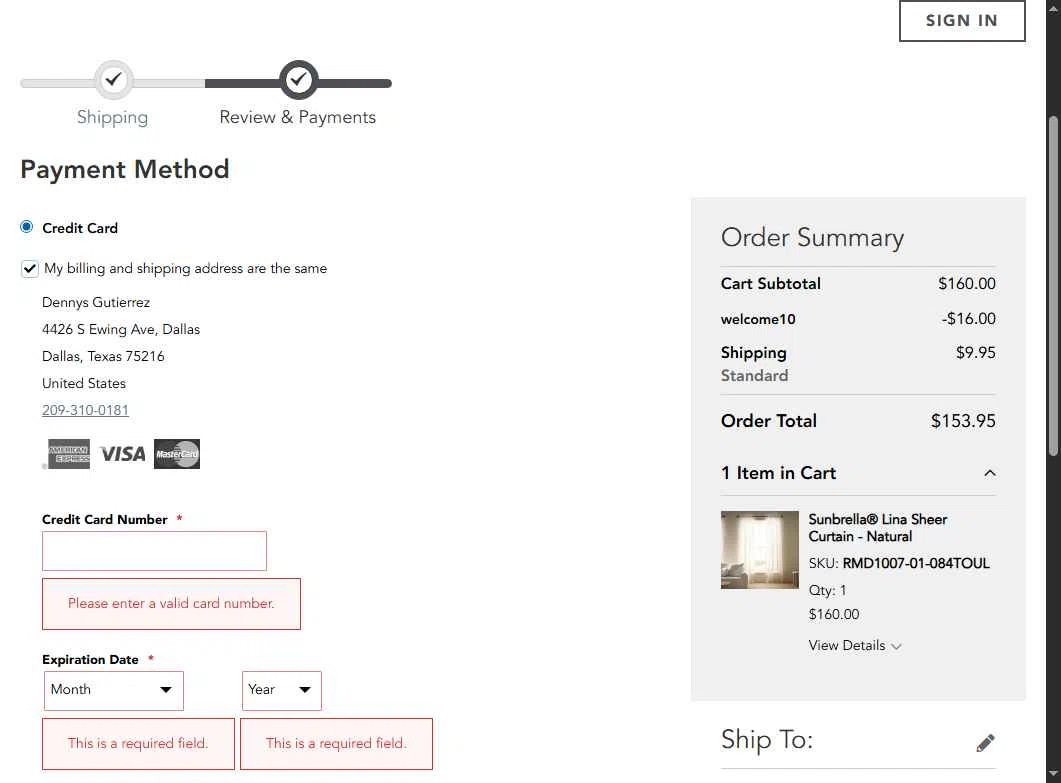Sunbrella checkout page showing Sunbrella discount code box | Screenshot taken by SimplyCodes community member on Sep 14, 2025