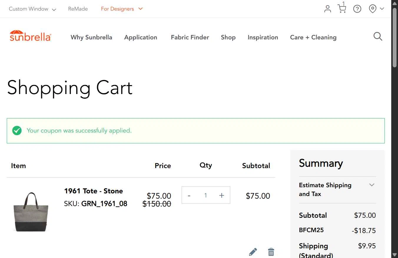 Sunbrella checkout page showing Sunbrella discount code box | Screenshot taken by SimplyCodes community member on Nov 26, 2025