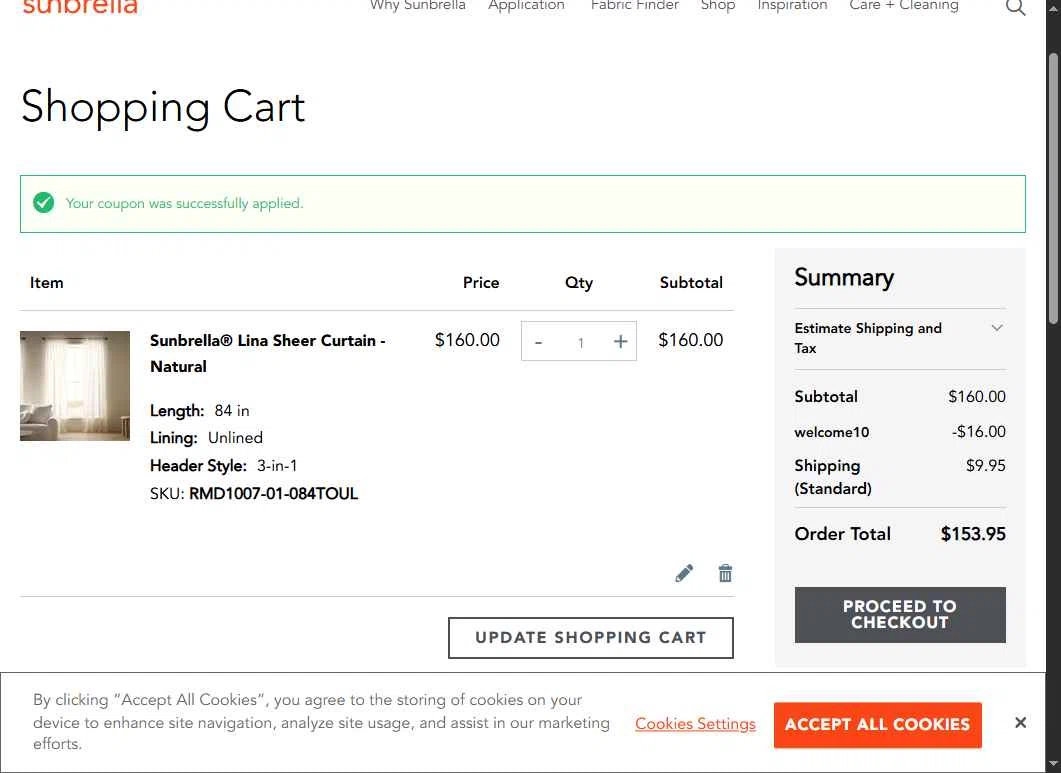 Sunbrella checkout page showing Sunbrella discount code box | Screenshot taken by SimplyCodes community member on Jan 3, 2026