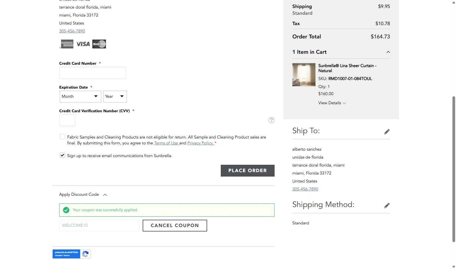 Sunbrella checkout page showing Sunbrella discount code box | Screenshot taken by SimplyCodes community member on Jul 30, 2025