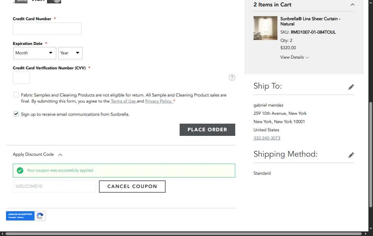 Sunbrella checkout page showing Sunbrella discount code box | Screenshot taken by SimplyCodes community member on Aug 18, 2025