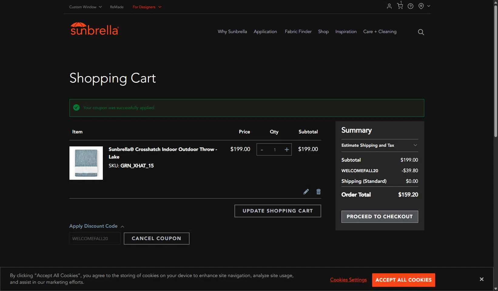 Sunbrella checkout page showing Sunbrella discount code box | Screenshot taken by SimplyCodes community member on Sep 18, 2025