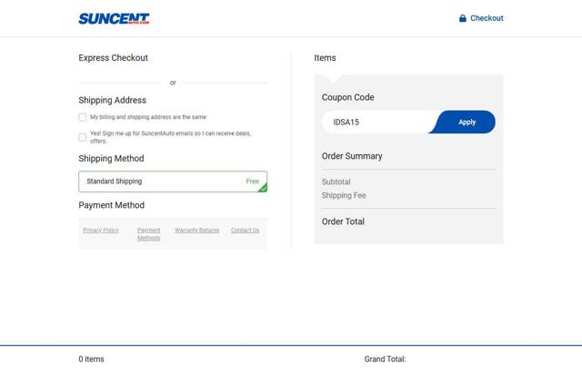 SUNCENTAUTO checkout page showing SUNCENTAUTO promo code box | Screenshot taken by SimplyCodes community member on Jul 25, 2025