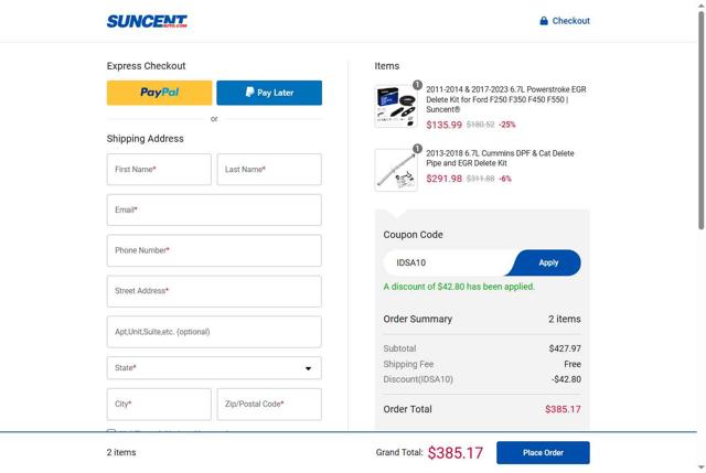SUNCENTAUTO checkout page showing SUNCENTAUTO promo code box | Screenshot taken by SimplyCodes community member on Jul 3, 2025