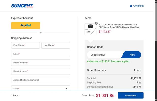 SUNCENTAUTO checkout page showing SUNCENTAUTO promo code box | Screenshot taken by SimplyCodes community member on Aug 10, 2025