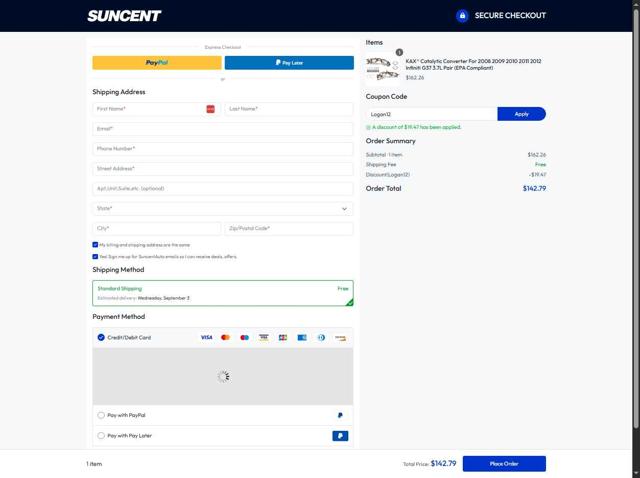 SUNCENTAUTO checkout page showing SUNCENTAUTO promo code box | Screenshot taken by SimplyCodes community member on Aug 30, 2025