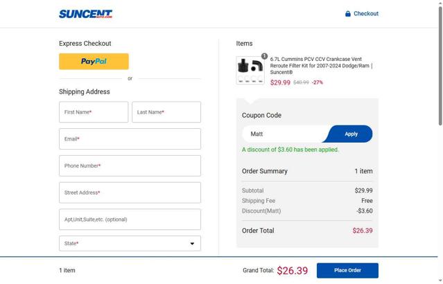 SUNCENTAUTO checkout page showing SUNCENTAUTO promo code box | Screenshot taken by SimplyCodes community member on Jul 25, 2025
