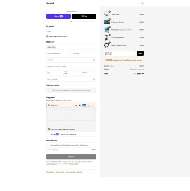 Sunchill checkout page showing Sunchill discount code box | Screenshot taken by SimplyCodes community member on Jul 27, 2025