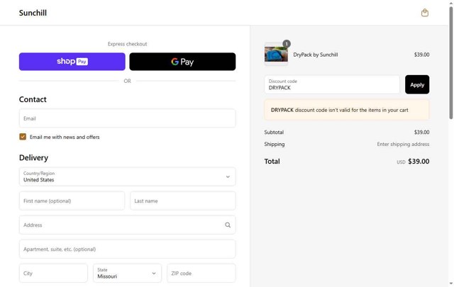 Sunchill checkout page showing Sunchill discount code box | Screenshot taken by SimplyCodes community member on Jun 5, 2025
