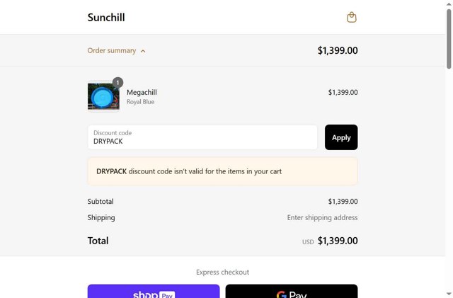 Sunchill checkout page showing Sunchill discount code box | Screenshot taken by SimplyCodes community member on Jul 8, 2025