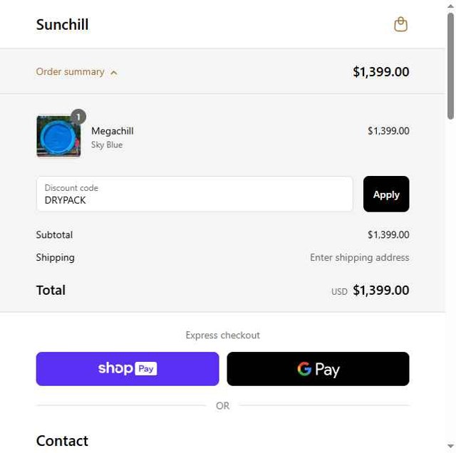 Sunchill checkout page showing Sunchill discount code box | Screenshot taken by SimplyCodes community member on Jun 5, 2025