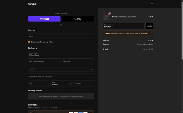 Sunchill checkout page showing Sunchill discount code box | Screenshot taken by SimplyCodes community member on May 21, 2025