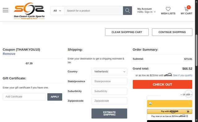 Sun Coast Cycle Sports checkout page showing Sun Coast Cycle Sports promo code box | Screenshot taken by SimplyCodes community member on Jun 16, 2025