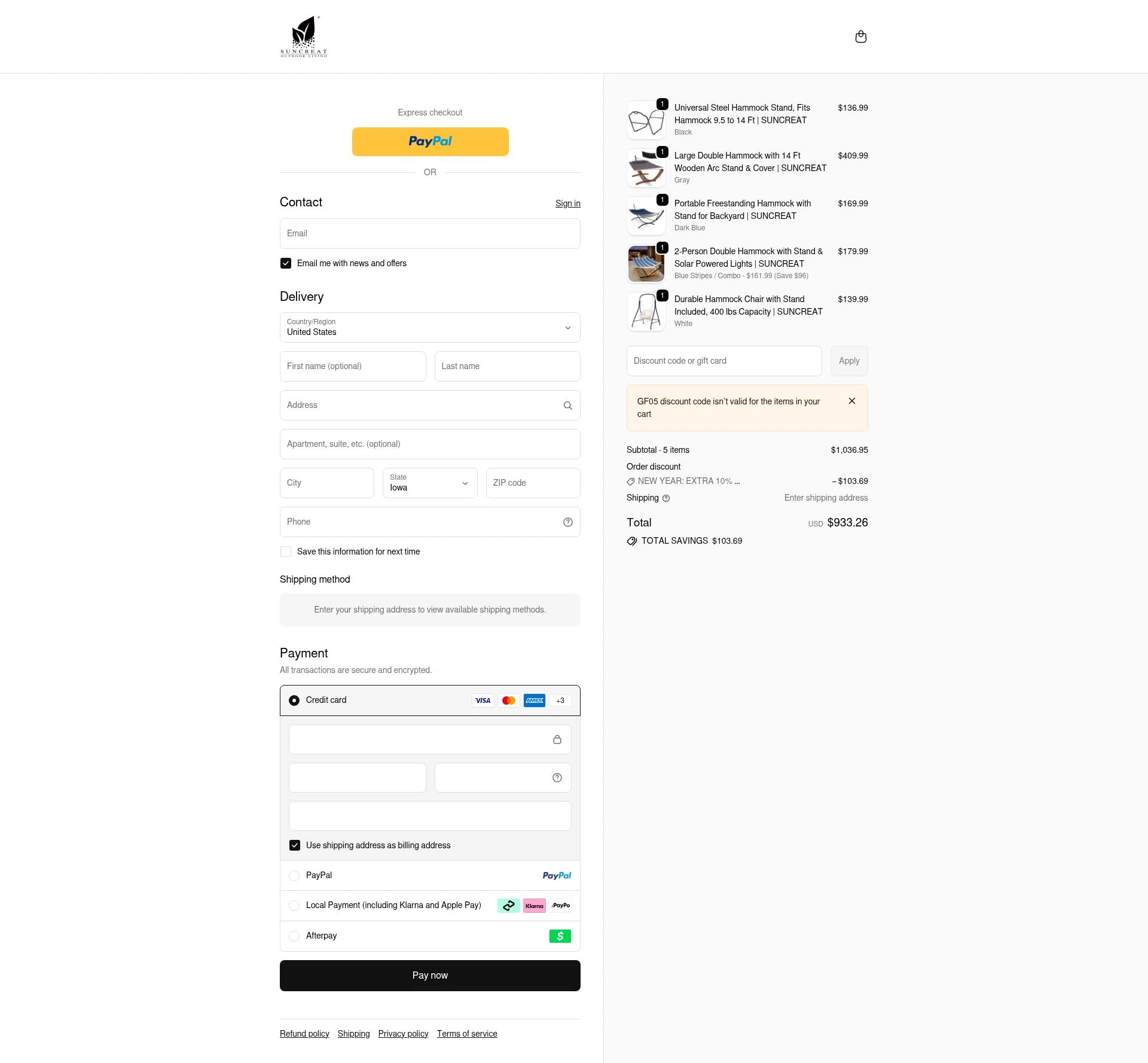 SUNCREAT checkout page showing SUNCREAT promo code box | Screenshot taken by SimplyCodes community member on Jan 7, 2026